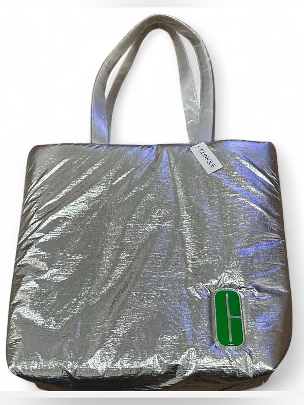 Clinique Metallic Silver Puffer Tote Bag Y2K Aesthetic NWT Beauty Promo Shopper